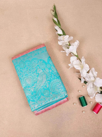 Pink Pure Kanchipuram Bridal Silk Saree with Floral Jacquard Design on the Body with Contrast Border - Diadem