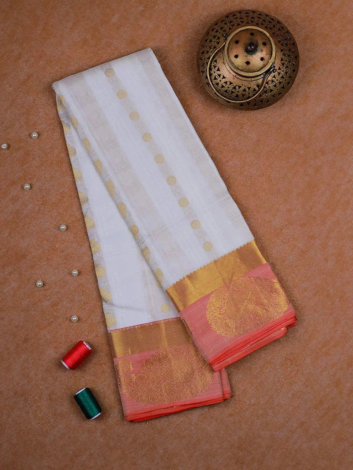 White Pure Kanchipuram Bridal Silk Saree with Floral and Chakra Motif on the Body with Korvai Border - Diadem