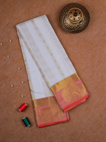 White Pure Kanchipuram Bridal Silk Saree with Floral and Chakra Motif on the Body with Korvai Border - Diadem