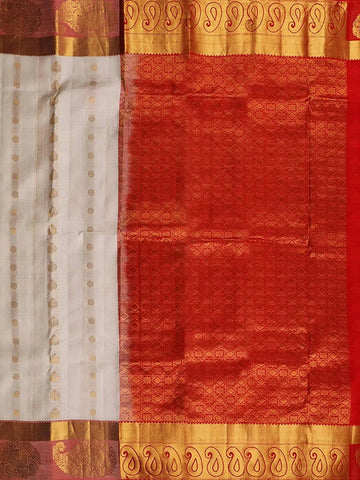 White Pure Kanchipuram Bridal Silk Saree with Floral and Chakra Motif on the Body with Korvai Border - Diadem