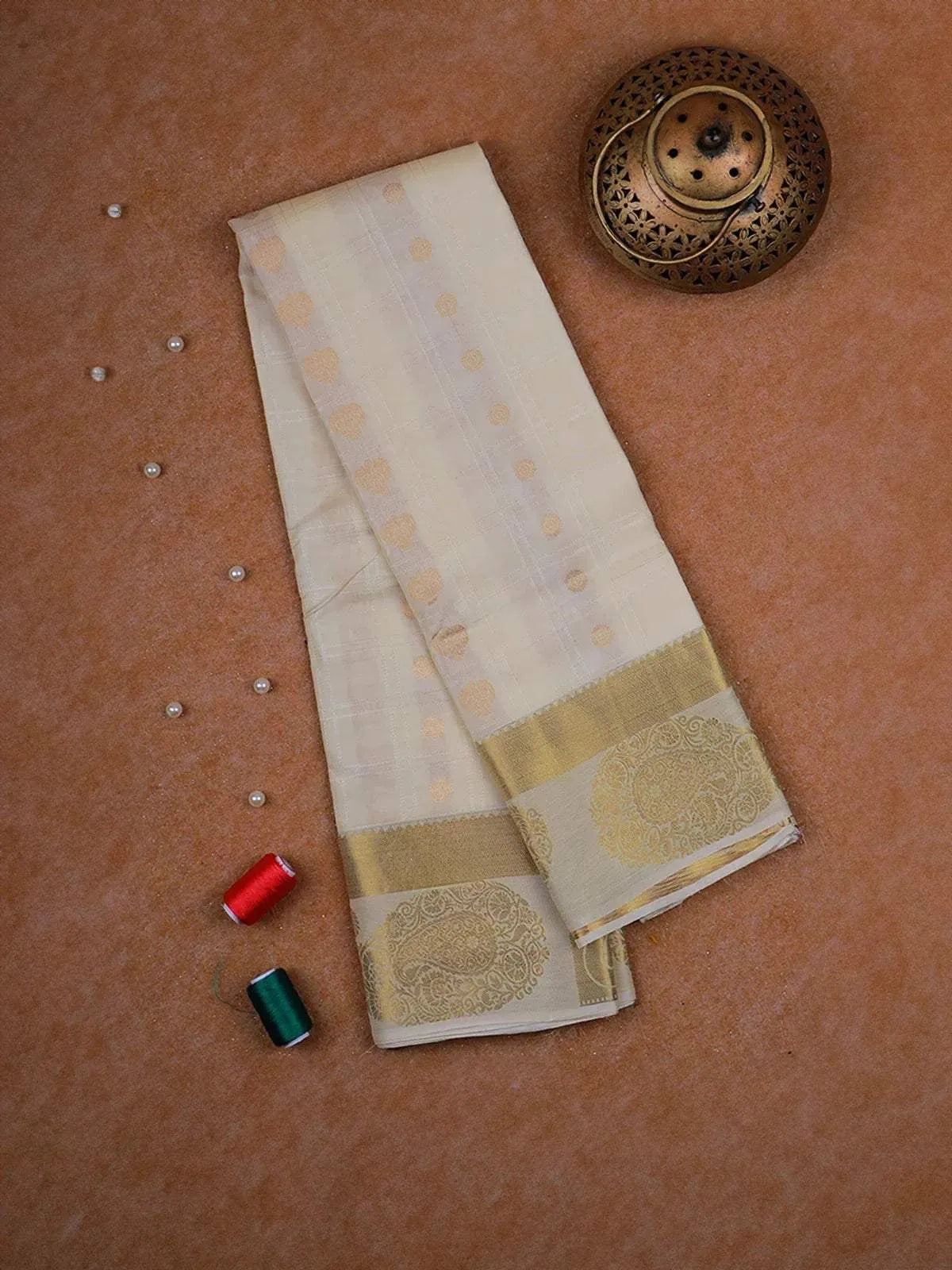 White Pure Kanchipuram Bridal Silk Saree with Zari Butta on the Body with Designed Border - Diadem