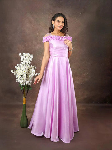 Lilac Satin Gown Adorned with 3D Flowers - Diadem