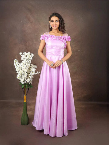 Lilac Satin Gown Adorned with 3D Flowers - Diadem