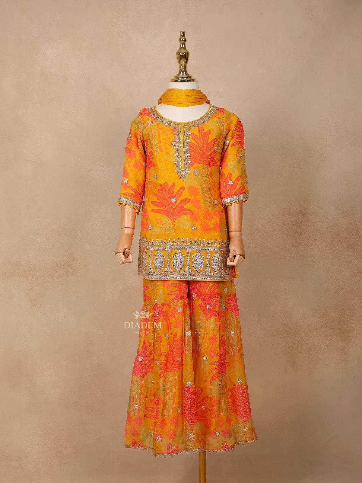 Mustard Yellow Georgette Sharara Suit with Floral Prints and Embroidery, paired with Dupatta - Diadem