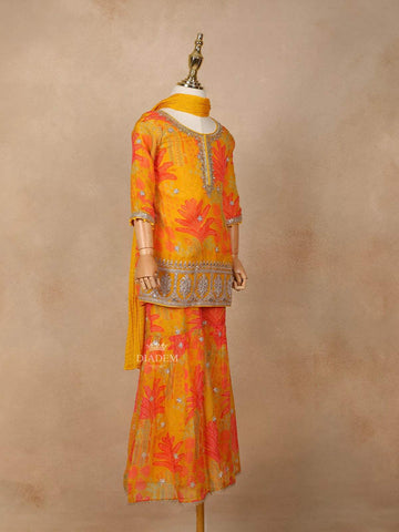 Mustard Yellow Georgette Sharara Suit with Floral Prints and Embroidery, paired with Dupatta - Diadem