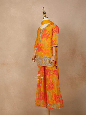 Mustard Yellow Georgette Sharara Suit with Floral Prints and Embroidery, paired with Dupatta - Diadem