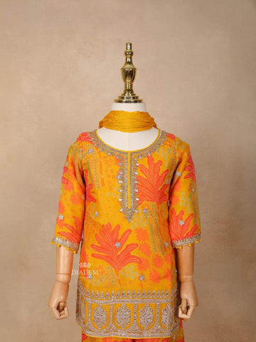 Mustard Yellow Georgette Sharara Suit with Floral Prints and Embroidery, paired with Dupatta - Diadem