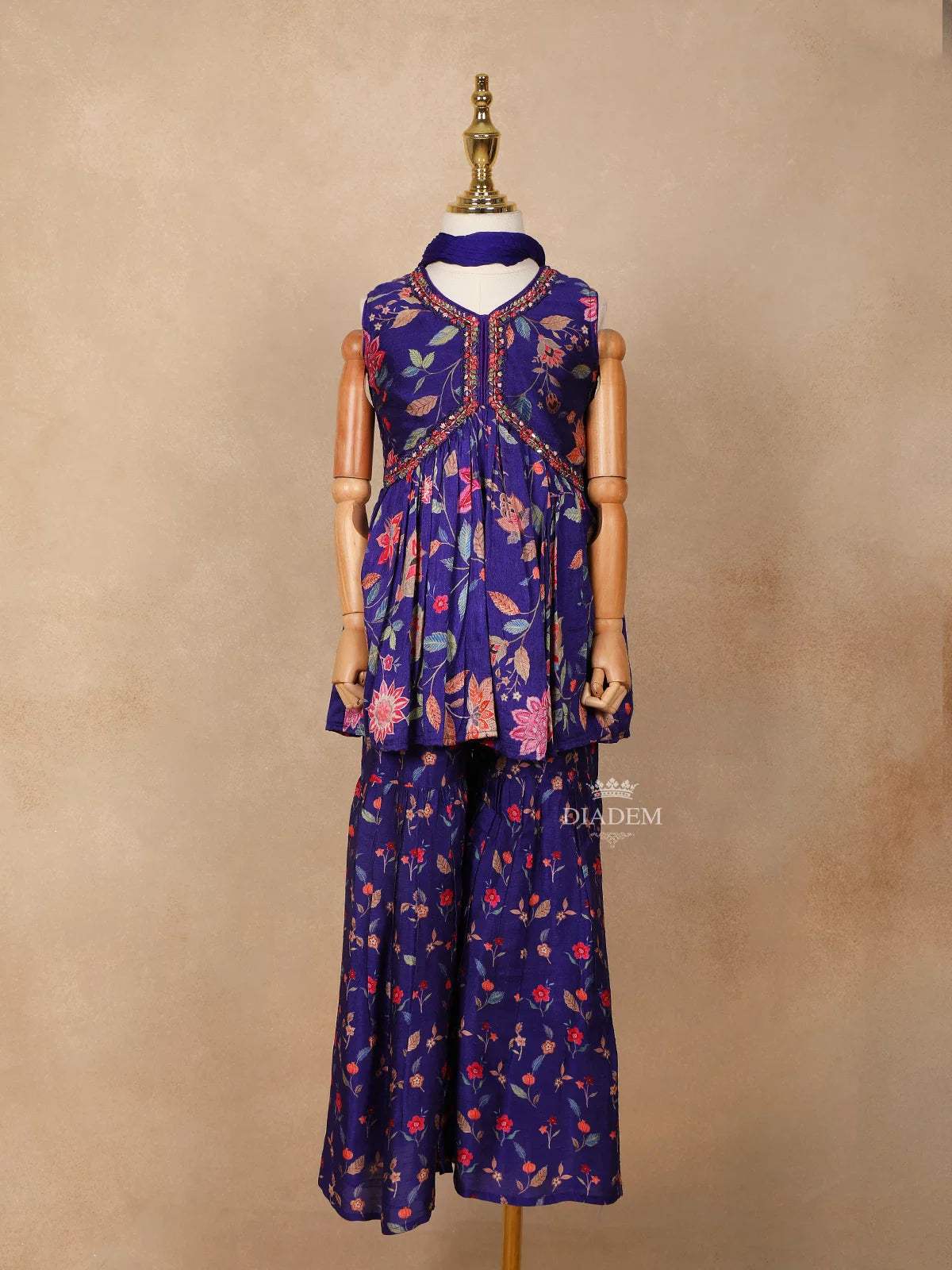 Ink Blue Georgette Sharara Suit Adorned with Floral Prints and Embroideries, paired with Dupatta - Diadem