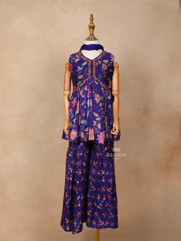 Ink Blue Georgette Sharara Suit Adorned with Floral Prints and Embroideries, paired with Dupatta - Diadem