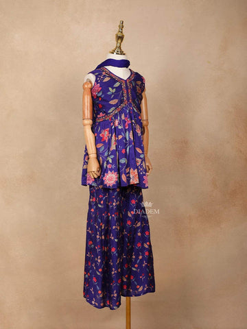 Ink Blue Georgette Sharara Suit Adorned with Floral Prints and Embroideries, paired with Dupatta - Diadem