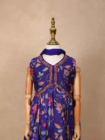 Ink Blue Georgette Sharara Suit Adorned with Floral Prints and Embroideries, paired with Dupatta - Diadem