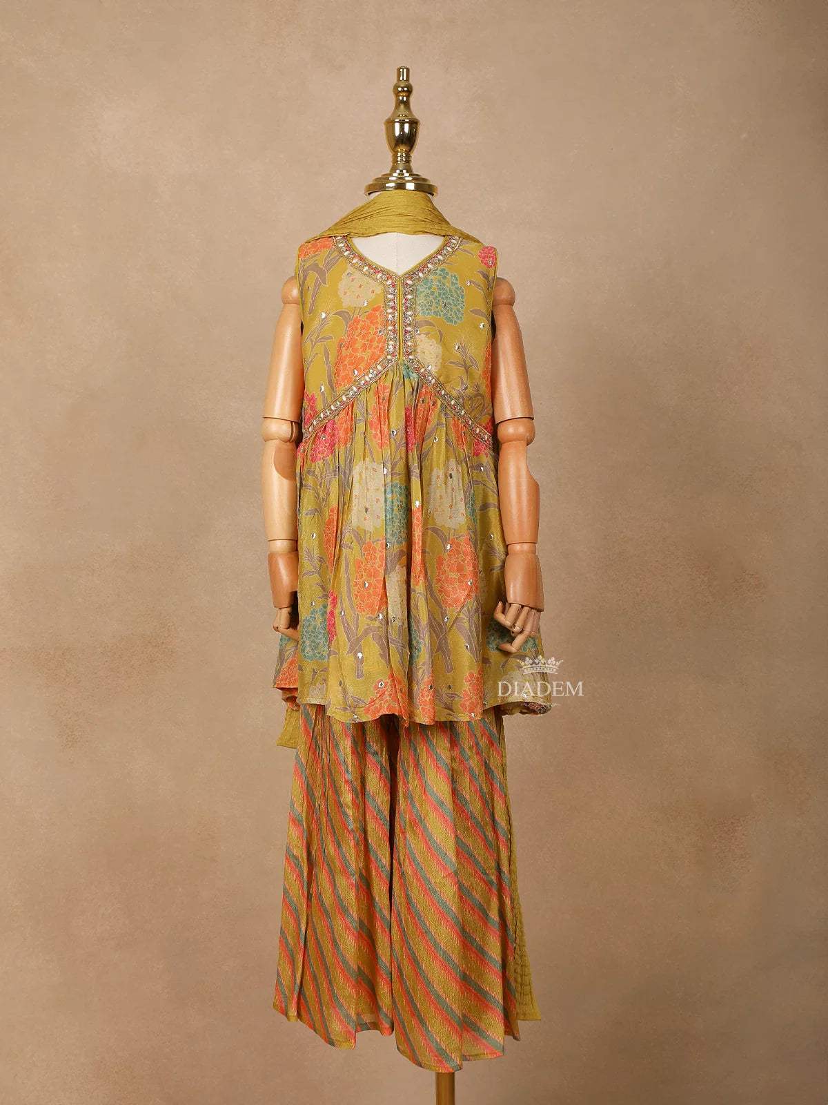 Mustard Yellow Georgette Sharara Suit with Floral Prints, paired with Dupatta - Diadem