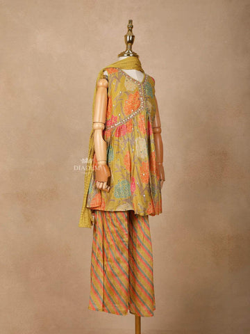 Mustard Yellow Georgette Sharara Suit with Floral Prints, paired with Dupatta - Diadem