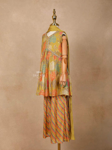 Mustard Yellow Georgette Sharara Suit with Floral Prints, paired with Dupatta - Diadem