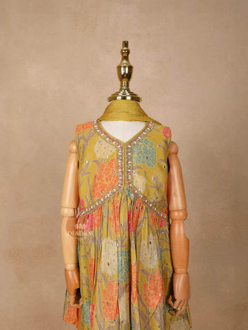 Mustard Yellow Georgette Sharara Suit with Floral Prints, paired with Dupatta - Diadem