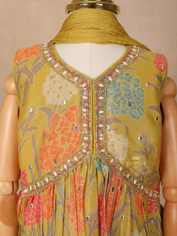 Mustard Yellow Georgette Sharara Suit with Floral Prints, paired with Dupatta - Diadem