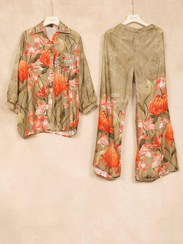 Olive Green Co-Ord Salwar Suit Adorned with Mirror and Floral Design with Pant - Diadem