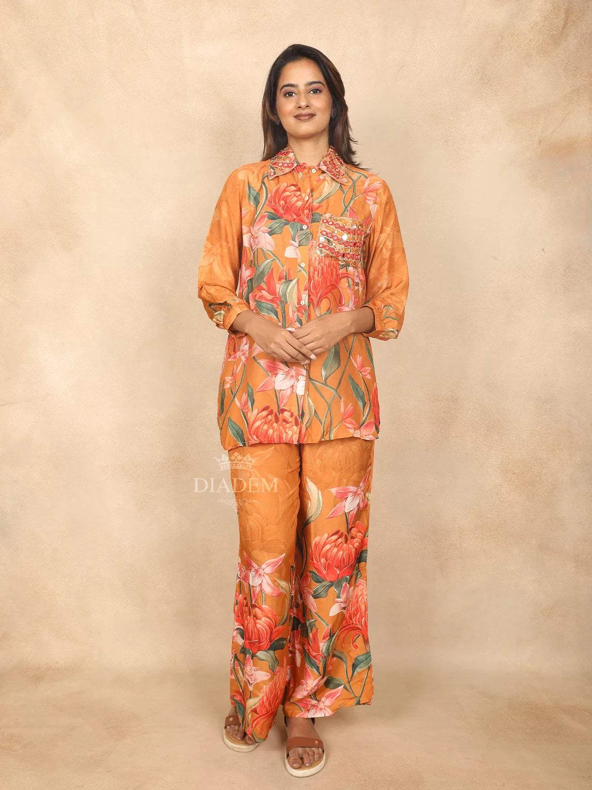 Mustard Yellow Cotton Co-Ord Salwar Suit for Women Adorned with Mirror and Floral Design and without Dupatta - Diadem