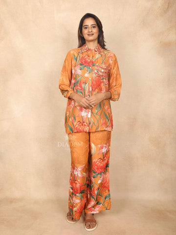 Mustard Yellow Cotton Co-Ord Salwar Suit for Women Adorned with Mirror and Floral Design and without Dupatta - Diadem