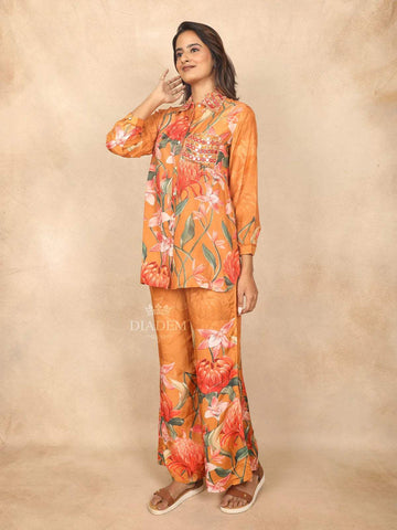 Mustard Yellow Cotton Co-Ord Salwar Suit for Women Adorned with Mirror and Floral Design and without Dupatta - Diadem