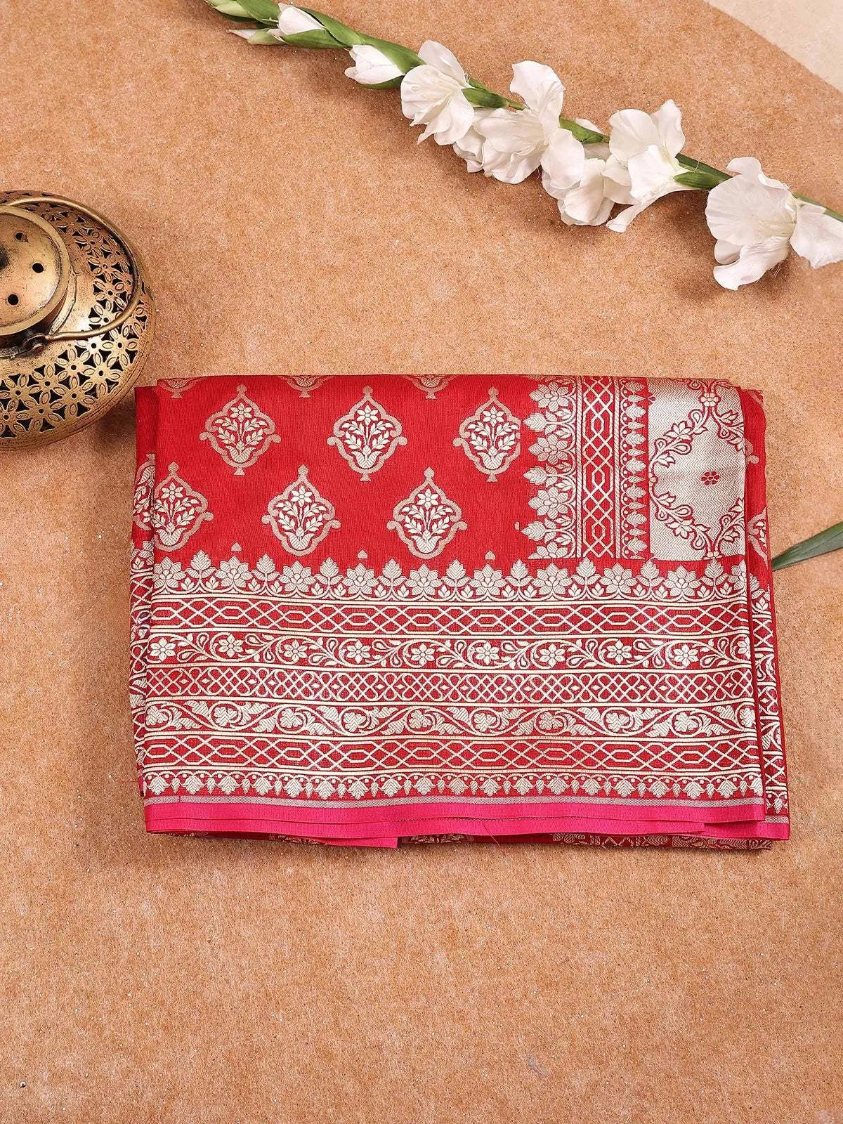 Red Banarasi Silk Saree with Paisley Design on the Body with Zari Border - Diadem