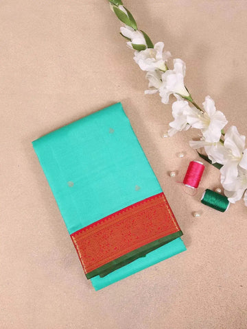 Aqua Green Pure Kanchipuram Bridal Silk Saree with Small Paisley Motif on the Body with Zari Border - Diadem