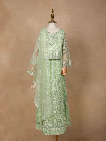 Light Green Net Lehenga Embellished with Floral Threads and Stonework, paired with Dupatta - Diadem