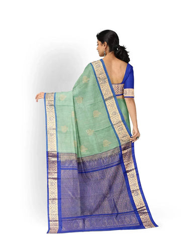 Teal Green Silk Saree with Floral Motif on the Body and Zari Border - Diadem
