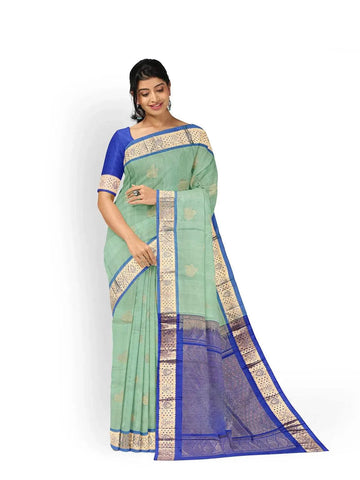 Teal Green Silk Saree with Floral Motif on the Body and Zari Border - Diadem