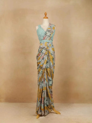 Light Blue Satin Saree with Print and Sequin Embellishments in the Body, Paired with Designer Blouse and Waist Belt - Diadem