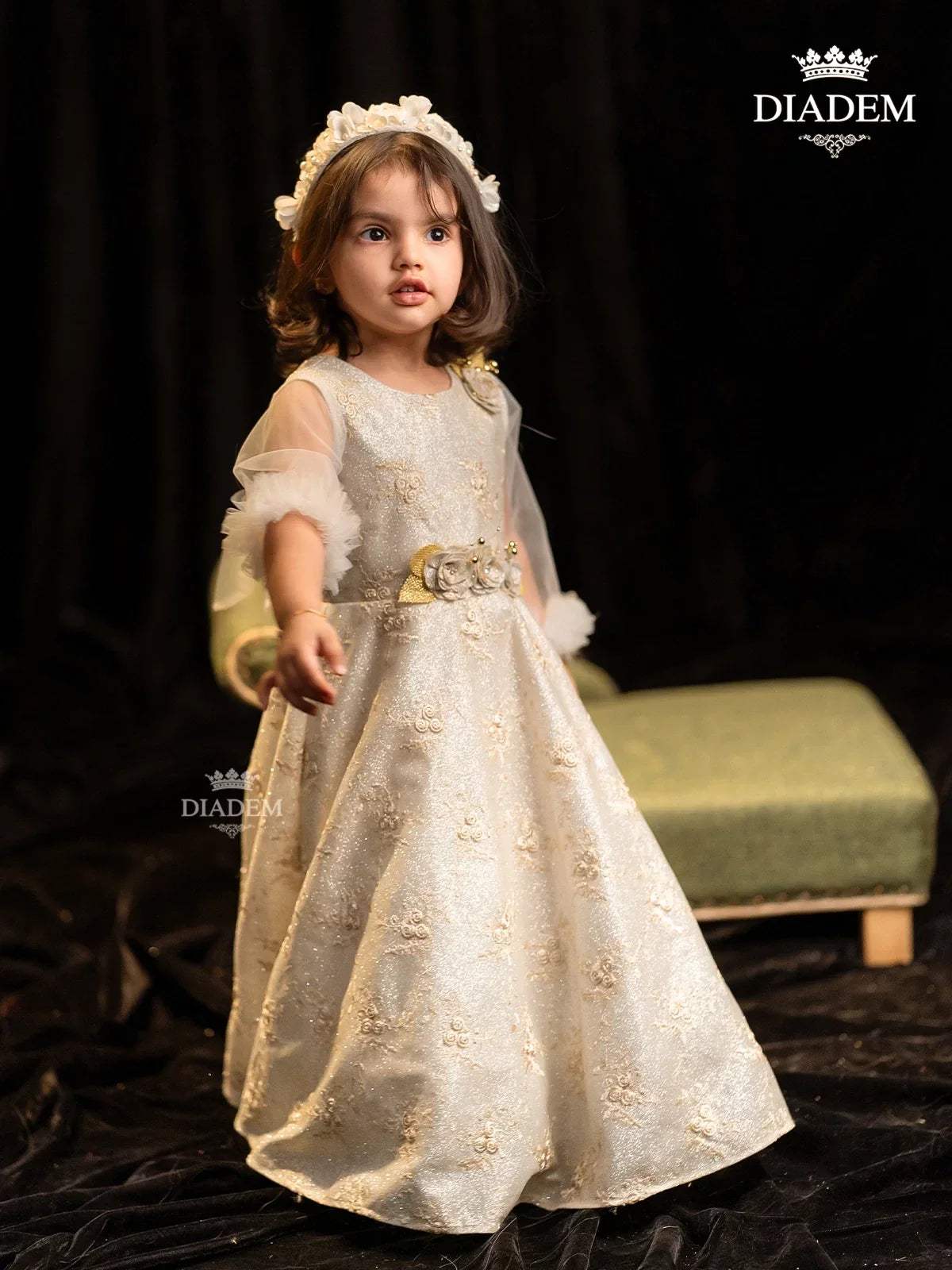 Silver Glitter Net Gown with Thread work Embroidery and 3D Flowers | Diadem Silver Glitter Net Gown with Thread work Embroidery and 3D Flowers | Diadem