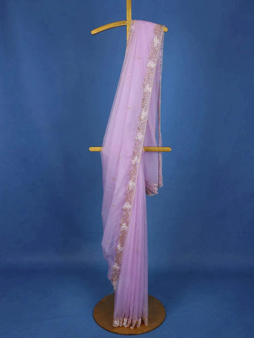 Lilac Embroidery Designed Net Saree - Diadem