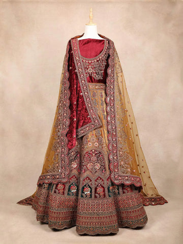 Dark Red Velvet Bridal Lehenga for Women with Floral Embroidery - Diadem