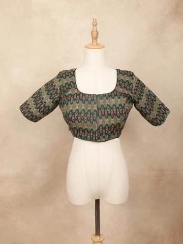 Dark Green Cotton Readymade Blouse with Geometric Prints - Diadem