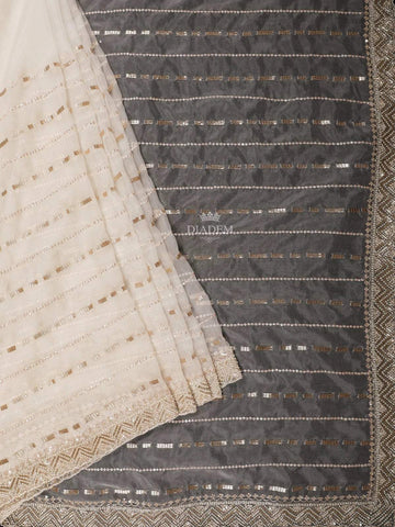 White Organza Bridal Saree with Sequins and Stripes Design on the Body with Design Border - Diadem