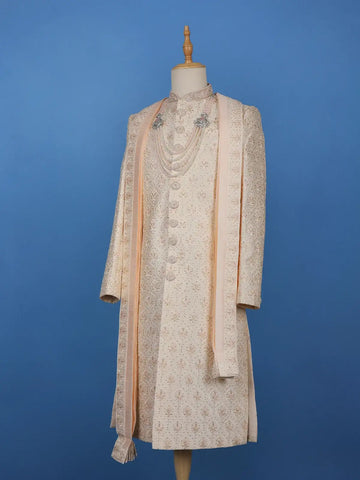 Ivory Floral Embroidered Polyester Sherwani Suit with Dupatta - Diadem