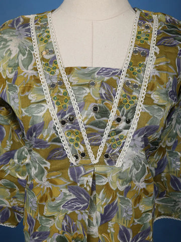 Olive Green Floral Printed Cotton Salwar Suit - Diadem