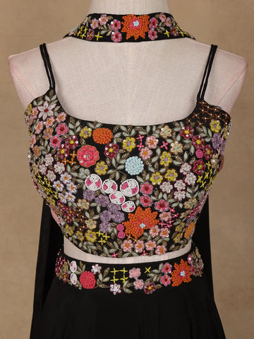 Black Floral Embroidered Satin Lehenga - Diadem