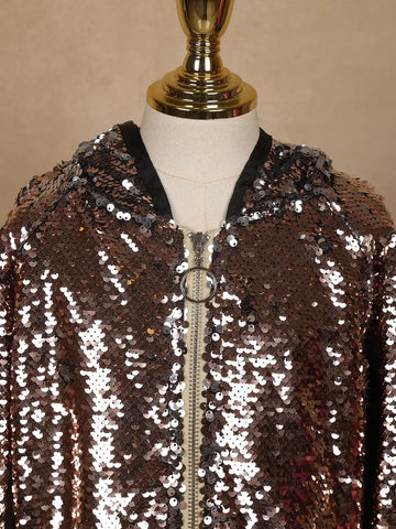 Black with Bronze Sequins Embellished Hoodie Jacket - Diadem