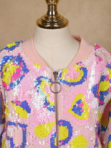 Light Pink Sequined Full-Sleeve Bomber Jacket - Diadem