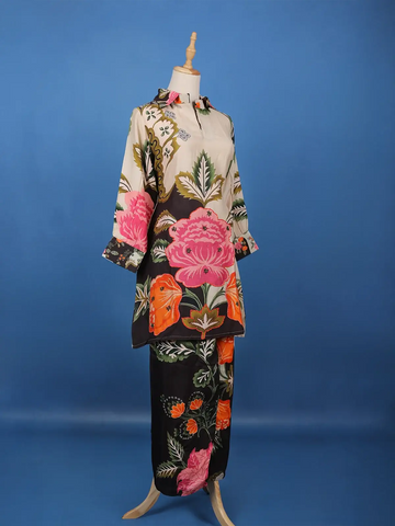 Light Beige Floral Printed Cotton Palazzo Suit - Diadem