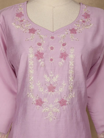 Lavender Floral Embroidered Silk Cotton Salwar Suit - Diadem