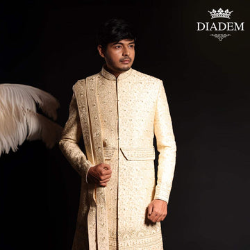 Cream White Raw Silk Floral Designed Sherwani Suit - Diadem
