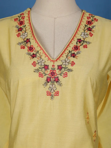 Yellow Floral Embroidered Silk Cotton Salwar Suit - Diadem
