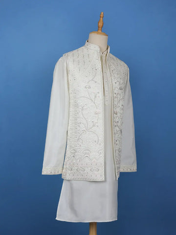 White Floral Embroidered Polyester Sherwani Suit - Diadem