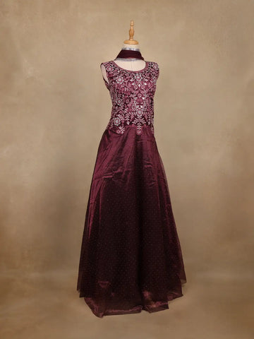 Maroon Floral Embroidered Organza Gown - Diadem