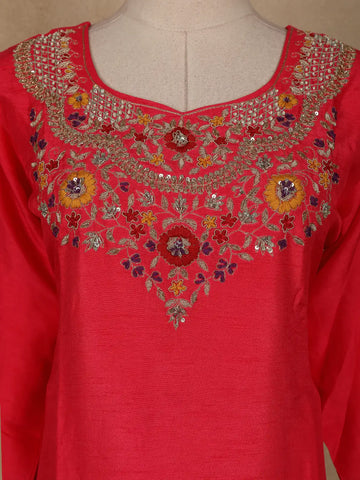 Bright Red Floral Embroidered Silk Cotton Salwar Suit - Diadem