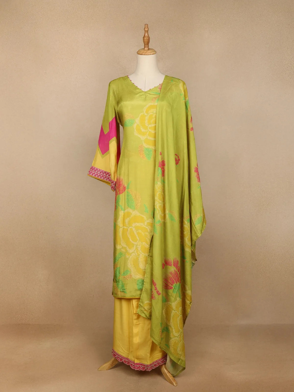 Lemon Green Floral Design Semi Silk Salwar Palazzo Suit - Diadem