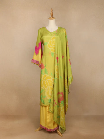 Lemon Green Floral Design Semi Silk Salwar Palazzo Suit - Diadem