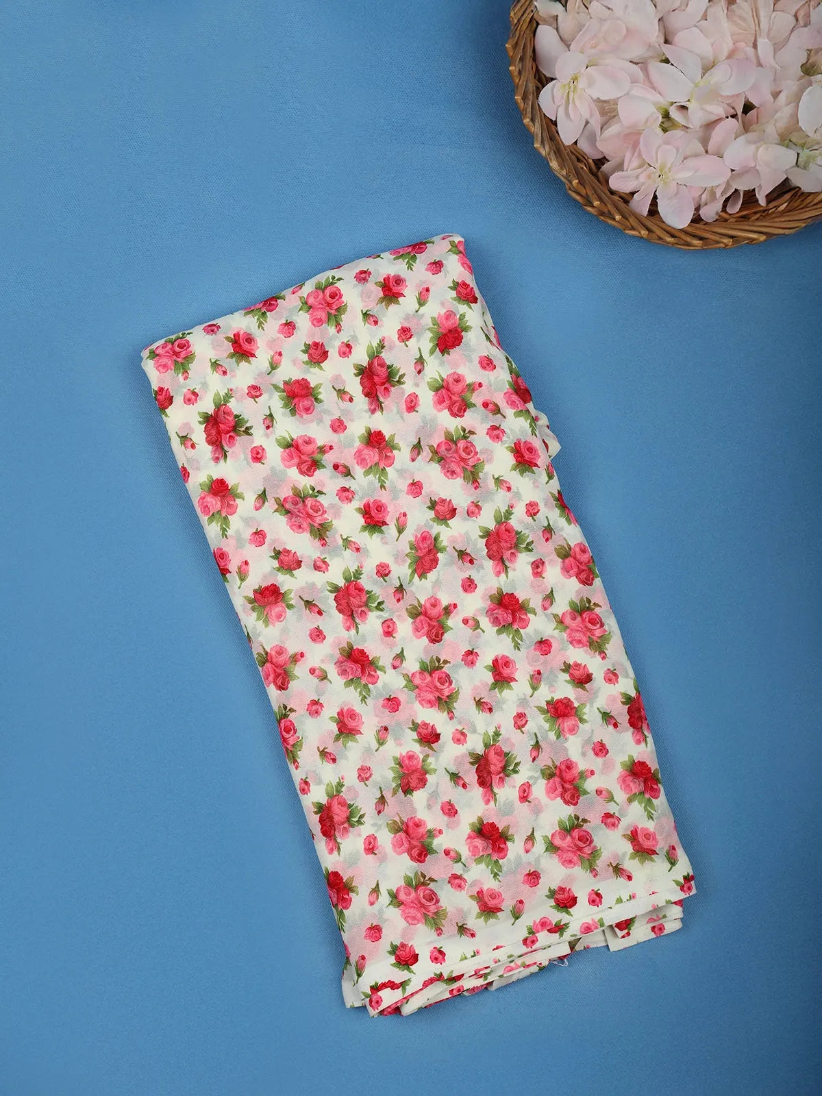 White Floral Printed Georgette Saree with Matching Blouse - Diadem